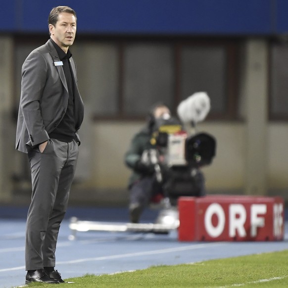 epa09109277 Austria&#039;s head coach Franco Foda reacts during the FIFA World Cup 2022 qualifying soccer match between Austria and Denmark in Vienna, Austria, 31 March 2021. EPA/Christian Bruna