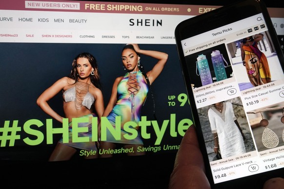 FILE - Pages from the Shein website, left, and from the Temu site, right, are shown in this photo, in New York, Friday, June 23, 2023. Online fast-fashion retailer Shein must face the European Union&# ...