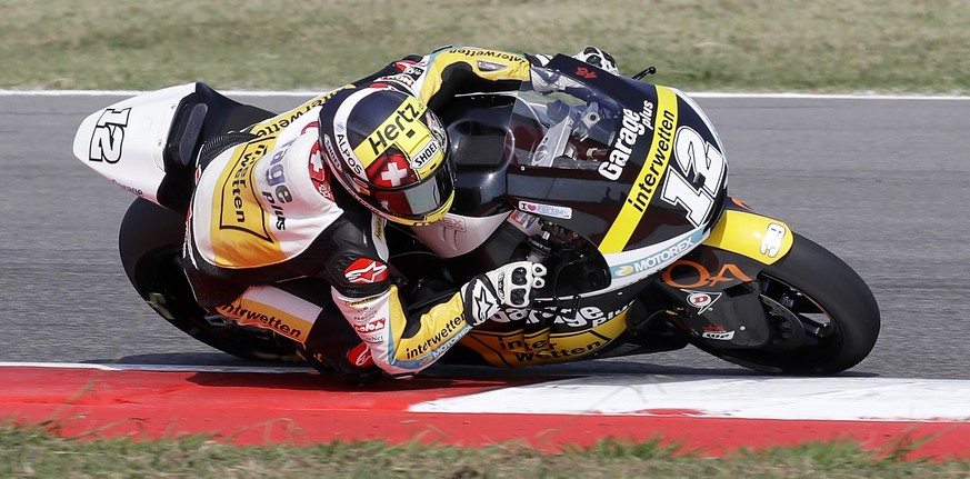 Switzerland&#039;s rider Thomas Luethi steers his Kalex during the third practice session for Sunday&#039;s San Marino Moto 2 race, at the Misano circuit, in Misano Adriatico, Italy, Saturday, Sept. 1 ...