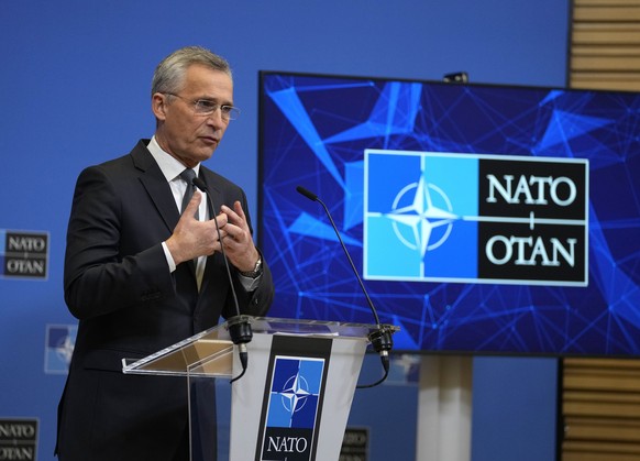 NATO Secretary General Jens Stoltenberg speaks during a media conference at NATO headquarters in Brussels, Thursday, Feb 24, 2022. NATO envoys met in emergency session Thursday after Russian President ...