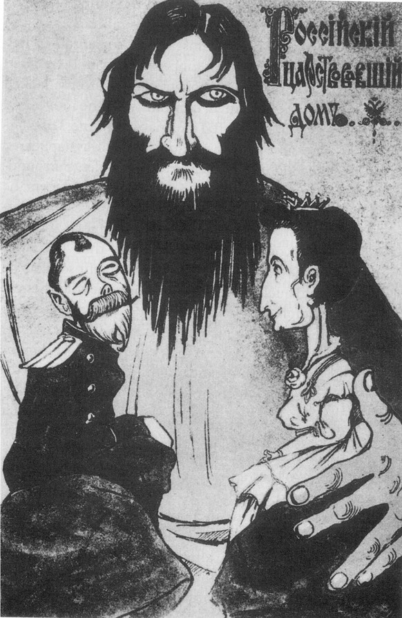 Anonyme Karikatur, 1916: Zar Nikolaus II. und seine Frau Alexandra sitzen wie zwei Puppen auf dem Schoss des Rasputin, der sie mit seinen dunklen Kräften nach seinem Willen lenkt.