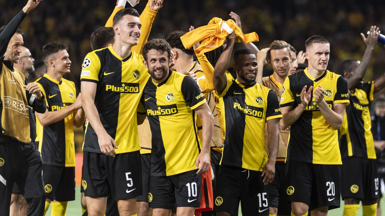 YB&#039;s players celebrate after winning the UEFA Champions League group F soccer match between BSC Young Boys and Manchester United, on Tuesday, September 14, 2021 at the Wankdorf stadium in Bern, S ...