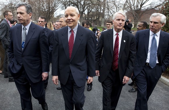 FILE - In this March 27, 2009, file photo Chief executives leave the White House in Washington following a with President Barack Obama. From left, Ronald E. Logue, Chief Executive Officer of State Str ...