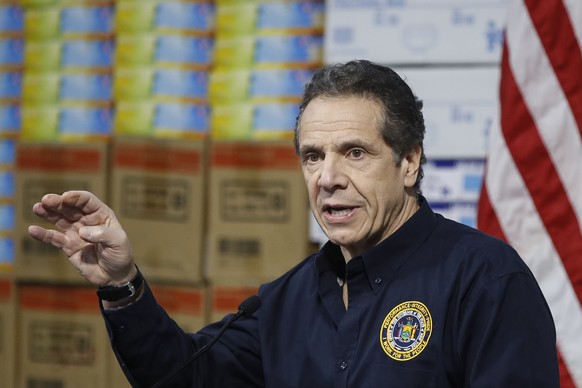 New York Gov. Andrew Cuomo speaks during a news conference against a backdrop of medical supplies at the Jacob Javits Center that will house a temporary hospital in response to the COVID-19 outbreak,  ...