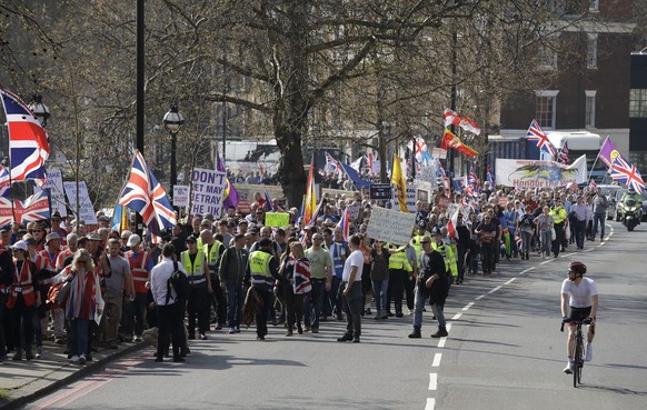 Pro-Brexit leave the European Union supporters take part in the final leg of the &quot;March to Leave&quot; in London, Friday, March 29, 2019. The protest march which started on March 16 in Sunderland ...