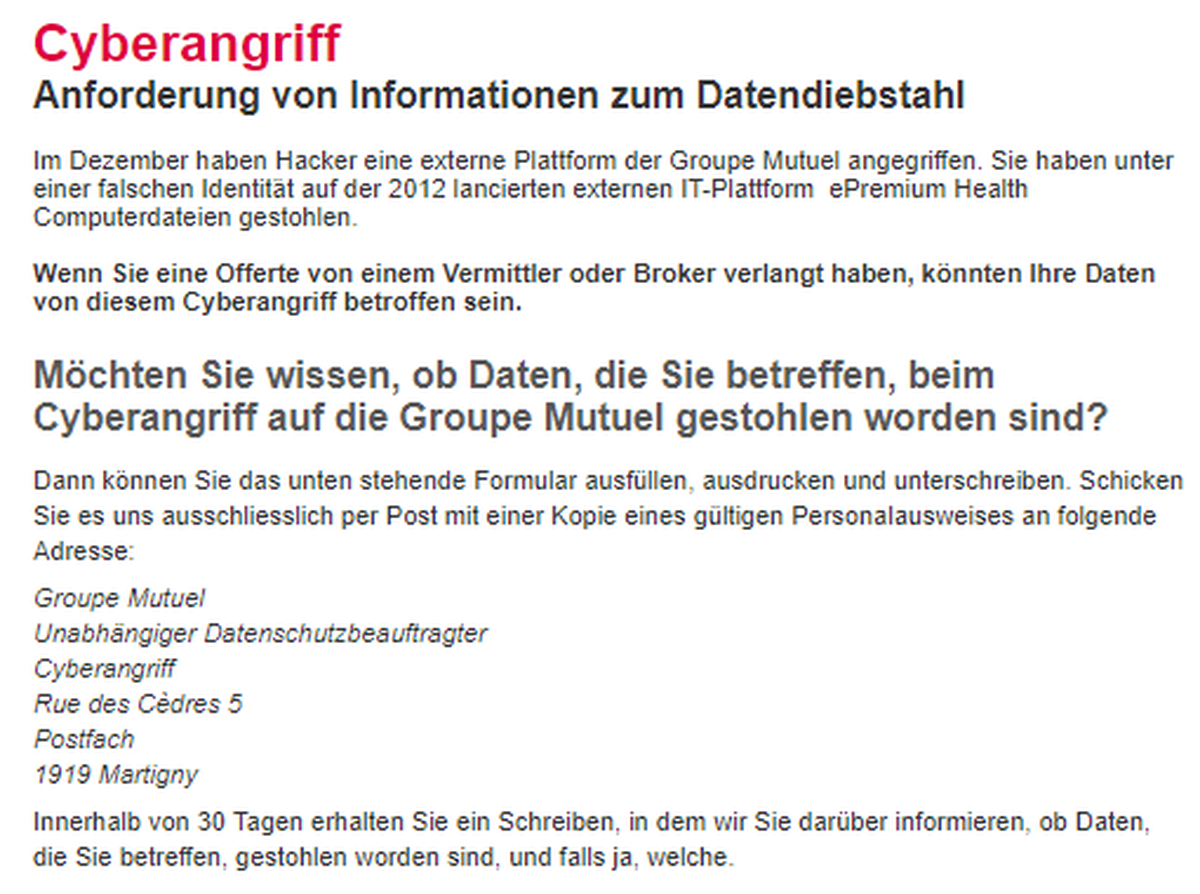 So informiert die Mutuel-Versicherung derzeit ihre Kunden auf der Firmenwebseite über einen Cyberangriff.