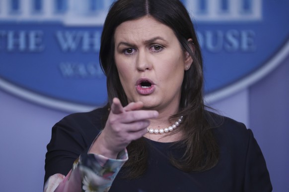 epa06922318 White House Press Secretary Sarah Huckabee Sanders responds to a question from the news media during the daily briefing at the White House in Washington, DC, USA 01 August 2018. Sanders re ...