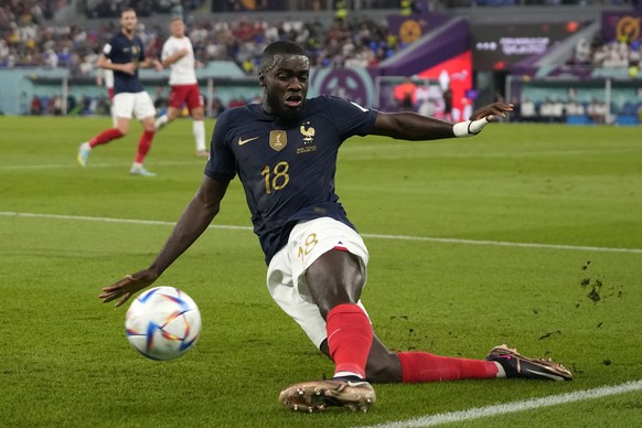France&#039;s Dayot Upamecano tries to control the ball during the World Cup group D soccer match between France and Denmark, at the Stadium 974 in Doha, Qatar, Saturday, Nov. 26, 2022. (AP Photo/Than ...