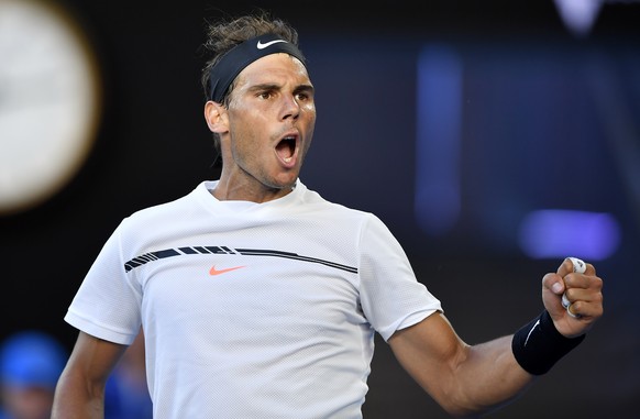 Spain&#039;s Rafael Nadal celebrates a point win against Germany&#039;s Alexander Zverev during their third round match at the Australian Open tennis championships in Melbourne, Australia, Saturday, J ...