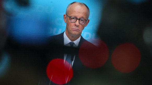 epa13219624 German Chancellor and Chairman of the Christian Democratic Union (CDU) Friedrich Merz addresses a news conference after a CDU party board meeting in Berlin, Germany, 07 September 2026, the ...