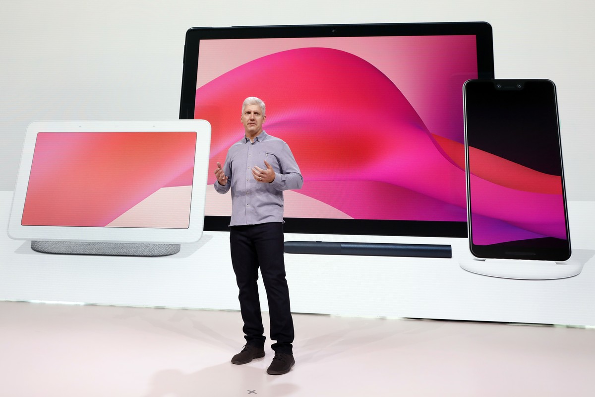Rick Osterloh, Google's Senior Vice President of hardware, talks about new Google products during a presentation in New York, Tuesday, Oct. 9, 2018. Google introduced two new smartphones, the Hom ...