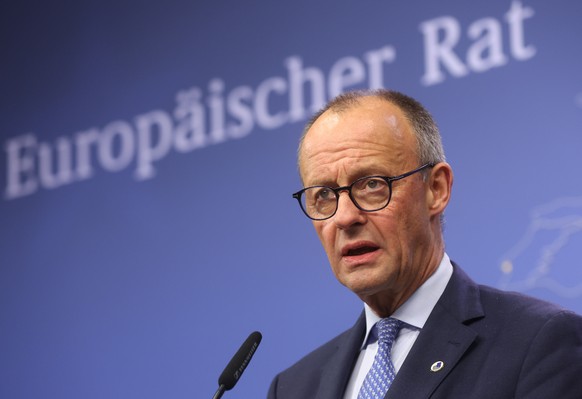 epa12477132 German Federal Chancellor Friedrich Merz speaks during the Euro Summit in Brussels, Belgium, 23 October 2025. European Union leaders convened to discuss the situation in Ukraine, European  ...