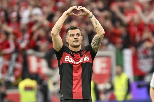 Granit Xhaka 34, Bayer Leverkusen jubelt nach dem Tor zum 2:0 14.04.2024 Fussball Bayer 04 Leverkusen vs SV Werder Bremen, BayArena, Leverkusen, DFB/DFL REGULATIONS PROHIBIT ANY USE OF PHOTOGRAPHS AS  ...