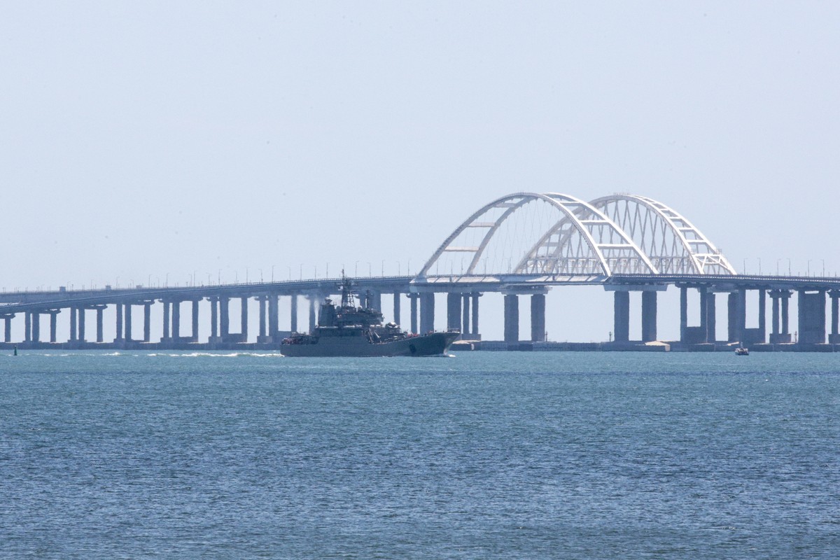 A Russian military large landing ship, which now transports cars and people between Crimea and Taman due to the Crimean Bridge connecting Russian mainland and Crimean peninsula over the Kerch Strait b ...