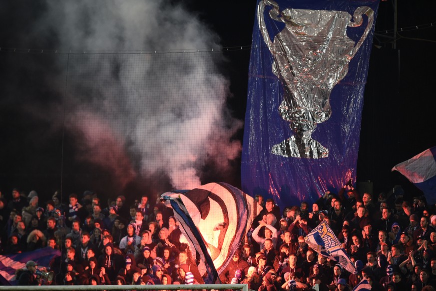 Die Fans des FC Luzern feiern den Sieg nach dem Cupspiel zwischen beim FC Aarau am Samstag, 12. Dezember.&nbsp;