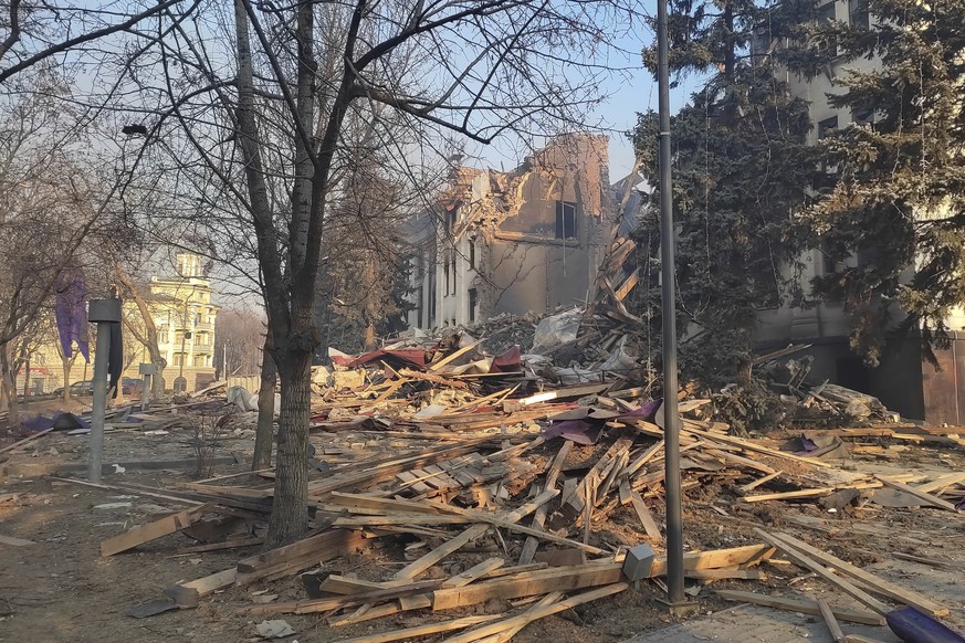 Rubble covers where the field kitchen stood outside of the Donetsk Academic Regional Drama Theatre on March 17, 2022, in Mariupol, Ukraine. The March 16, 2022, bombing of the theater stands out as the ...