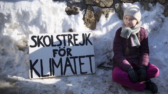 epa07318382 16 year-old Swedish climate activist Greta Thunberg participates in the &#039;School Strike for Climate&#039;, as written in Swedish on her placard, in front of the entrance of the Congres ...