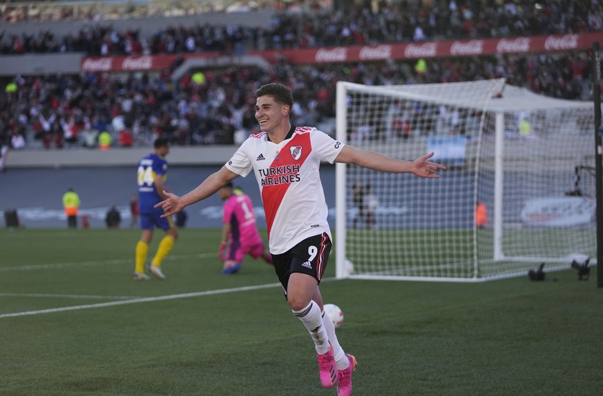 River Plate&#039;s Julian Alvarez celebrates after scoring his second goal against Boca Juniors during a local tournament soccer match at Antonio Liberti Vespucio stadium in Buenos Aires, Argentina, S ...