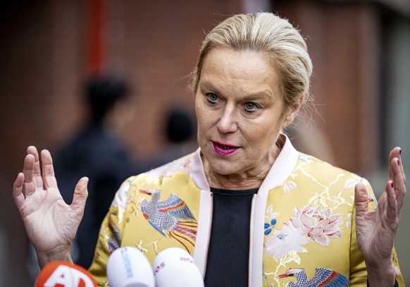 epa09641540 Dutch Sigrid Kaag of D66 Party speaks to the press after a group meeting in The Hague, The Netherlands, 14 December 2021, about the agreement for a new cabinet that the party leaders of VV ...