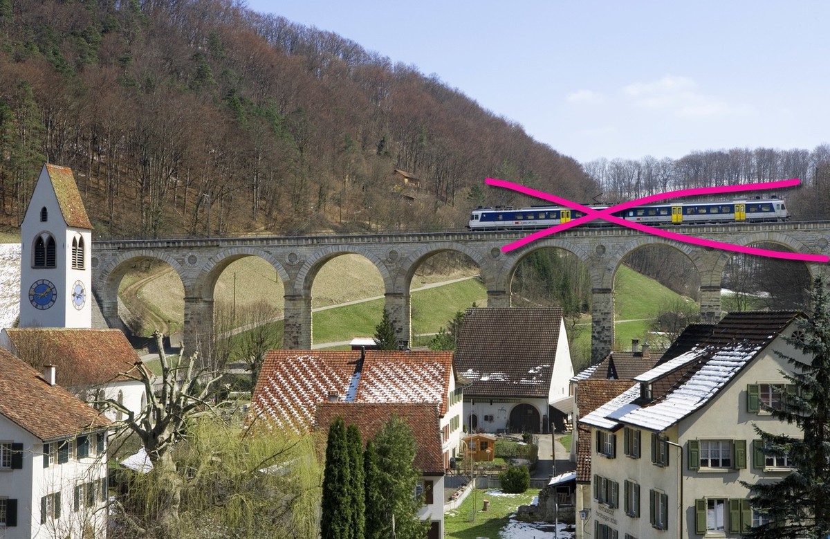 Ein Regionalzug der S9 Olten-Sissach ueberquert das Viadukt bei Ruemlingen auf der alten Hauensteinstrecke Sissach-Laeufelfingen-Olten, am 7. April 2006. (KEYSTONE/Martin Ruetschi) === , ===