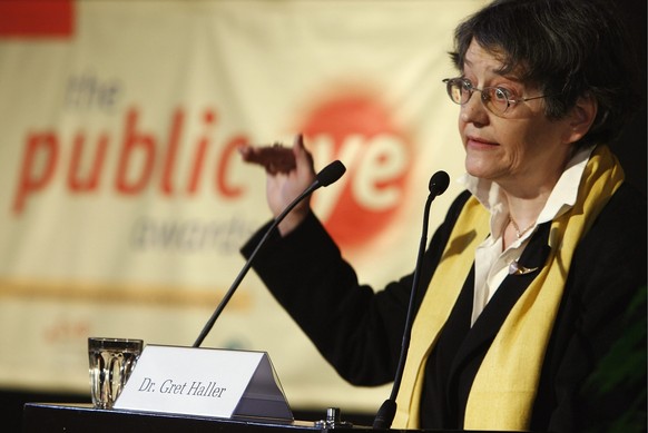 Former President of the Swiss National Council Gret Haller speaks during the opening of the &quot;Public Eye Awards&quot;, a counterevent to the World Economic Forum WEF in Davos, Switzerland, Wednesd ...