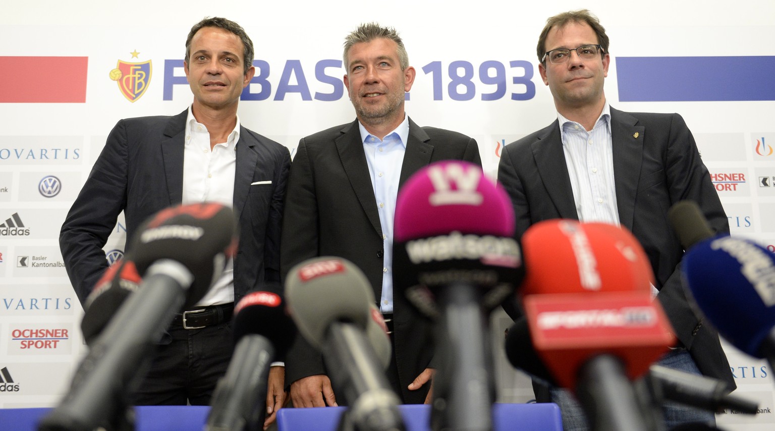 Gemeinsam in die Zukunft: Basel-Präsident Bernhard Heusler, Trainer Urs Fischer und Sportdirektor Georg Heitz.