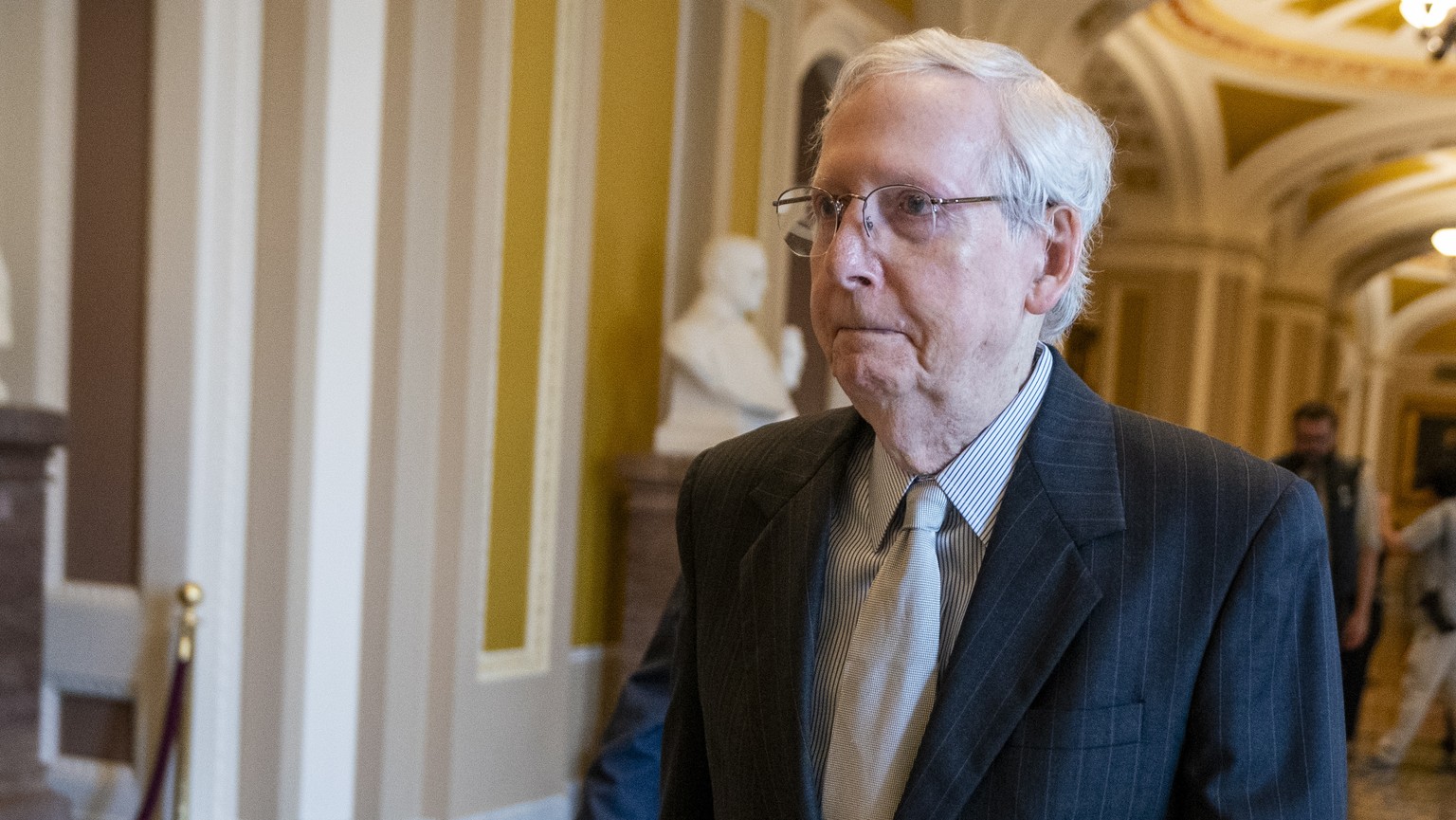 epa10771838 Senate Minority Leader Mitch McConnell walks to a meeting with Italian Prime Minister Giorgia Meloni, in Senate Majority Leader Chuck Schumer&#039;s office near the Senate chamber, in the  ...