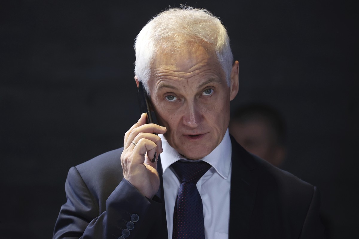 Russian First Deputy Prime Minister Andrei Belousov speaks to the mobile phone before a meeting of the Skolkovo Foundation Board of Trustees in Moscow region, Russia, on Monday, Nov. 13, 2023. Russian ...