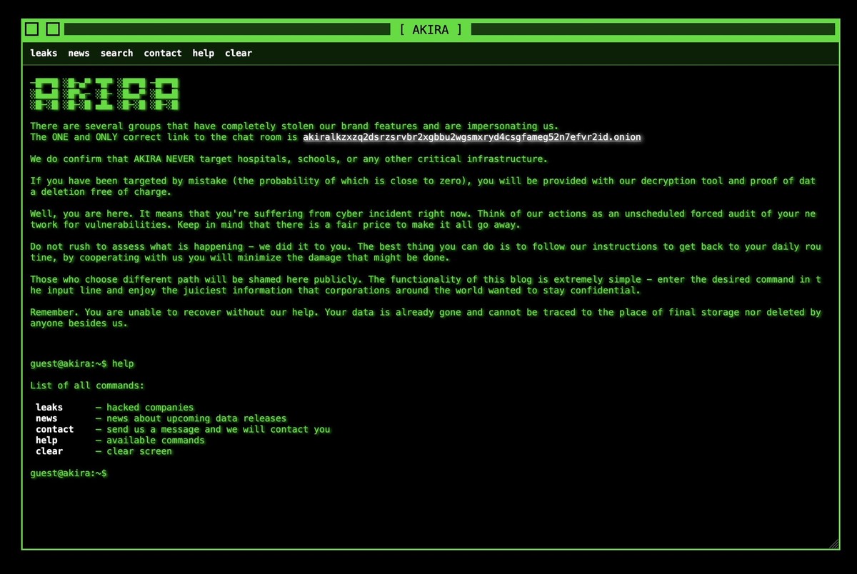 Darknet-Website der Ransomware-Bande Akira (Oktober 2026)
