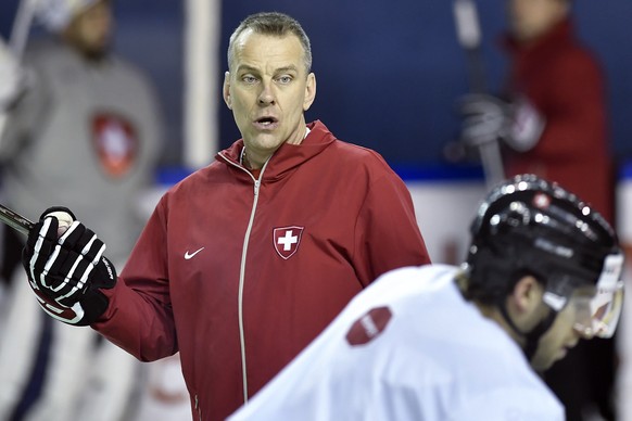 Tommy Albelin, assistant coach of Switzerland national ice hockey team looks on during a training session during the Ice Hockey World Championship at the Accor Hotels Atena in Paris, France on Friday, ...