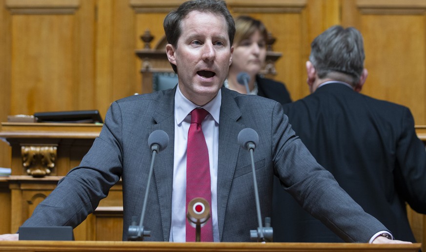 Thomas Aeschi, SVP-ZG, spricht waehrend einer Debatte im Nationalrat, waehrend der Fruehlingssession der Eidgenoessischen Raete, am Donnerstag, 14. Maerz 2019 in Bern. (KEYSTONE/Peter Klaunzer)