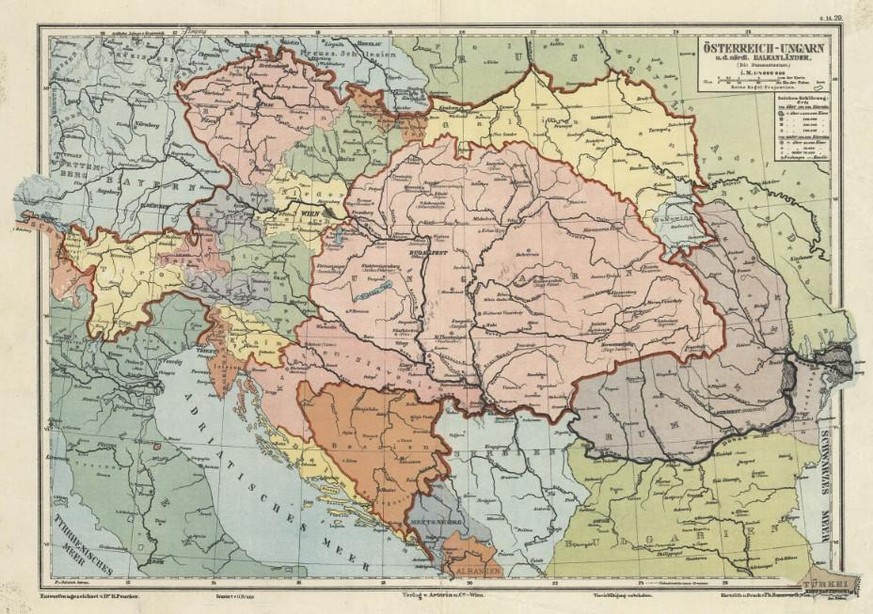 Österreich-Ungarn und die nördlichen Balkanländer 1908 nach der Annexion von Bosnien-Herzegowina.