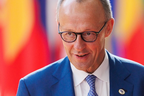 epa13048775 Germany's Chancellor Friedrich Merz speaks to the press during a European Council summit in Brussels, Belgium, 19 June 2026. EU heads of state and government are meeting to discuss th ...