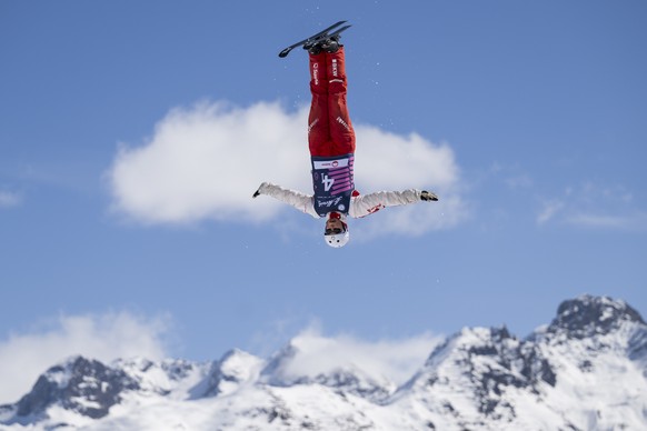 epa11991461 Lina Kozomara of Switzerland in action during the Aerials Mixed Team competition at the FIS Snowboard, Freestyle and Freeski World Championship in St. Moritz, Switzerland, 27 March 2025. E ...