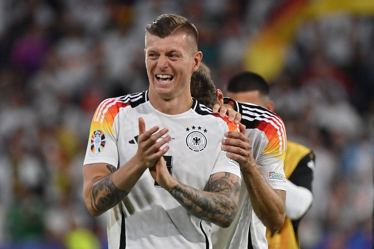 14.06.2024, xjrdrx, Fussball EM 2024, Deutschland - Schottland emspor, v.l. Jubel Freude ueber den Sieg bei Toni Kroos Deutsche Fussball Nationalmannschaft DFB Thomas M�ller Deutsche Fussball National ...