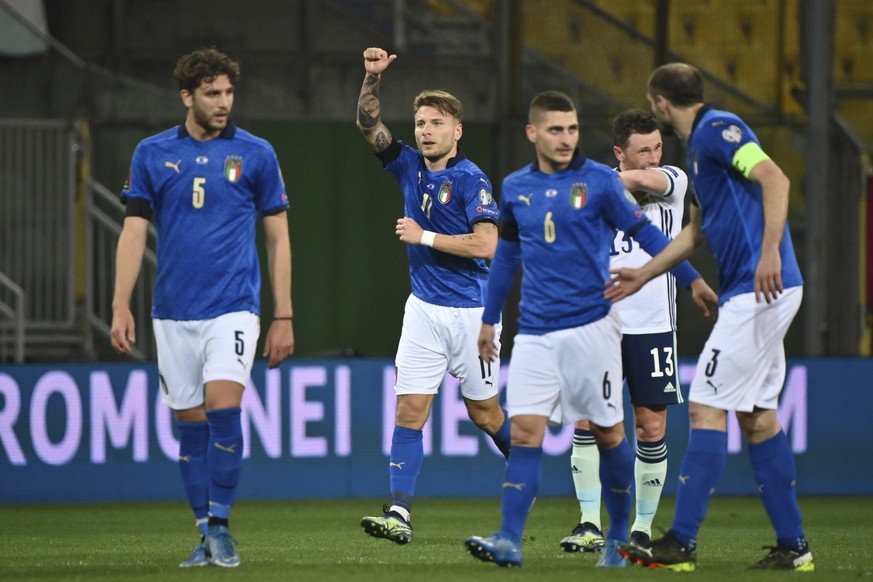 Italy&#039;s Ciro Immobile, second left, celebrates after scoring his team&#039;s second goal during the World Cup 2022 qualifier group c soccer game between Italy and Northern Ireland at the Stadio E ...