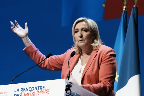French far-right presidential candidate Marine Le Pen speaks during a meeting with French mayors, in Montrouge, south of Paris, Tuesday, March 15, 2022. The two-round presidential election will take p ...
