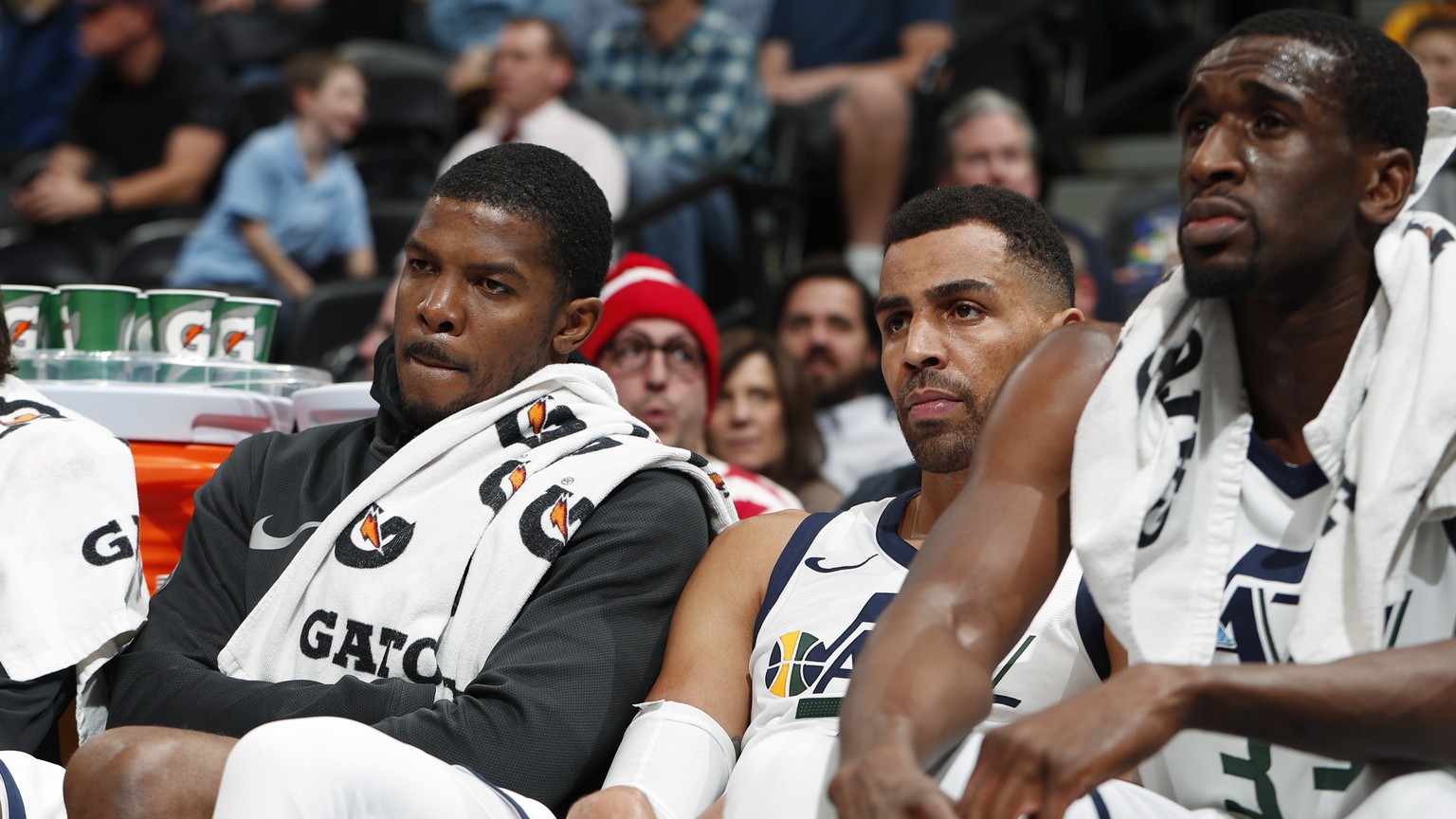 Utah Jazz&#039;s Ricky Rubio, of Spain; and Johnson; Thabo Sefolosha, of Switzerland; and center Ekpe Udoh, from left, watch from the bench as the Jazz trail the Denver Nuggets during the second half  ...