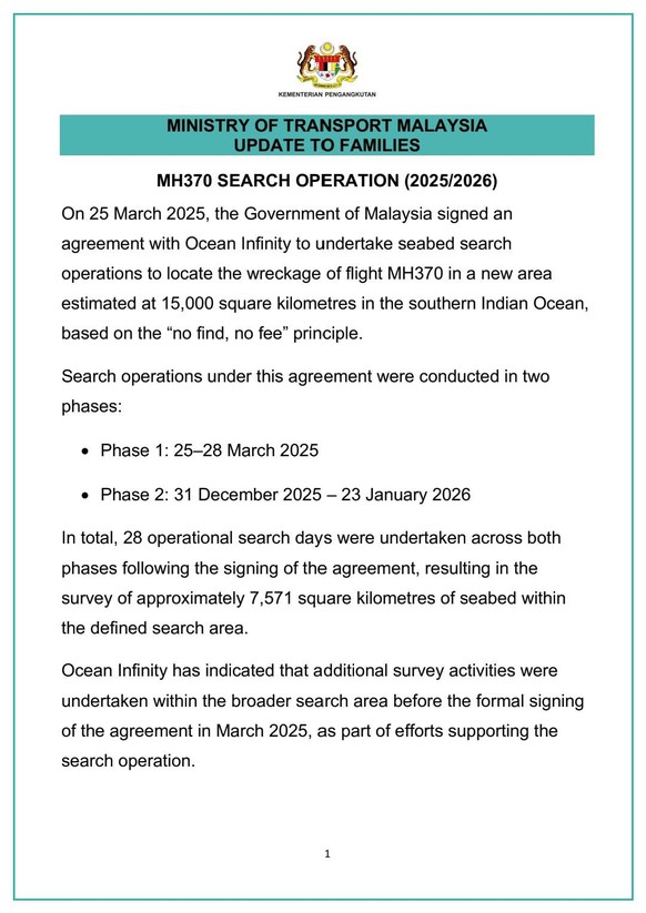 Medienmitteilung des malaysischen Transportministeriums zum Abbruch der MH370-Suche durch Ocean Infinity (8. März 2026).
