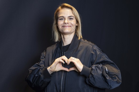 The host Hazel Brugger during a press conference at the 69th Eurovision Song Contest in Basel, Switzerland, on Wednesday, May 14, 2025. (KEYSTONE/Peter Schneider)