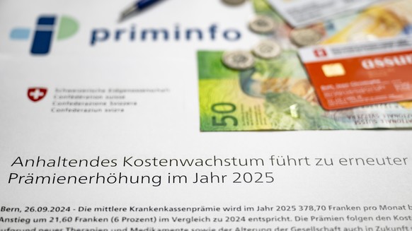 Une illustration pour la hausse des primes d&#039;assurance-maladie, montre le communique de la Confederation qui annonce une augmentation des primes pour l&#039;annee 2025 le jeudi 26 septembre 2024  ...