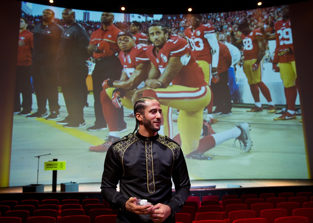 Former NFL quarterback and social justice activist Colin Kaepernick leaves after receiving the Amnesty International Ambassador of Conscience Award for 2018 in Amsterdam, Saturday April 21, 2018. Kaep ...