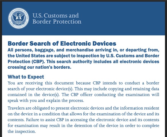 Merkblatt der US-Grenzschutzbehörde CBP zur Durchsuchung von elektronischen Geräten.