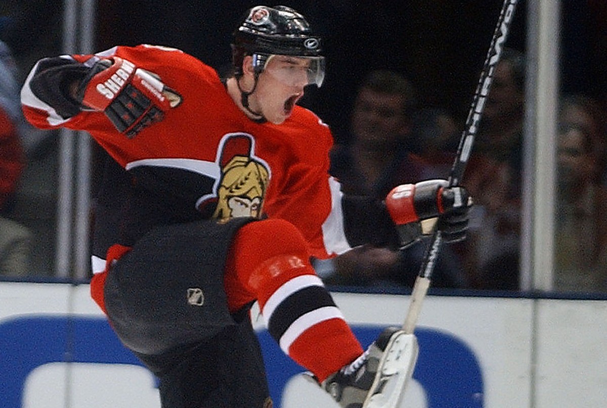 Ottwa Senators Martin Havlat celebrates his third period goal against the New York Islanders during the third period at the Nassau Coliseum in Uniondale, N.Y., Wednesday, March 27, 2002. The Senators  ...