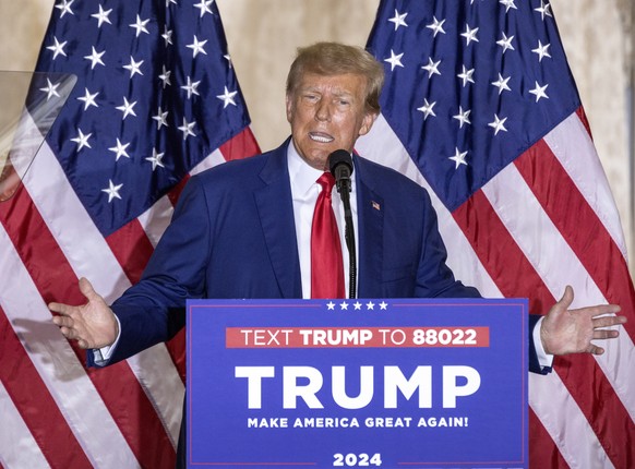 epa10559071 Former US President Donald J. Trump delivers remarks at his Mar-a-Lago resort in Palm Beach, Florida, USA, 04 April 2023. A Manhattan grand jury voted to indict former President Donald J.  ...