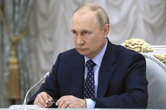 Russian President Vladimir Putin chairs a State Council meeting on public transport development at the Kremlin, in Moscow, Russia, Thursday, Aug. 17, 2023. (Valery Sharifulin, Sputnik, Kremlin Pool Ph ...