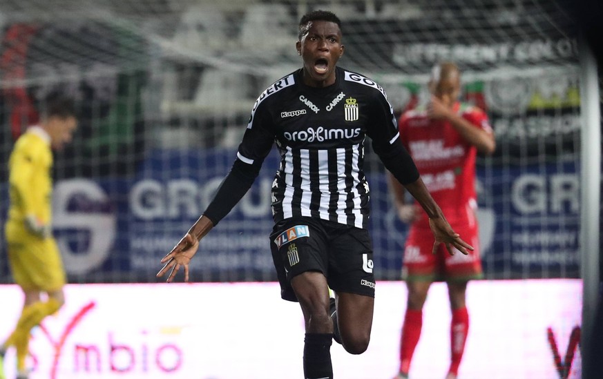 Charleroi s Victor Osimhen celebrates after scoring during a soccer game between Sporting Charleroi and SV Zulte Waregem, Sunday 21 October 2018 in Charleroi, on the eleventh day of the Jupiler Pro Le ...
