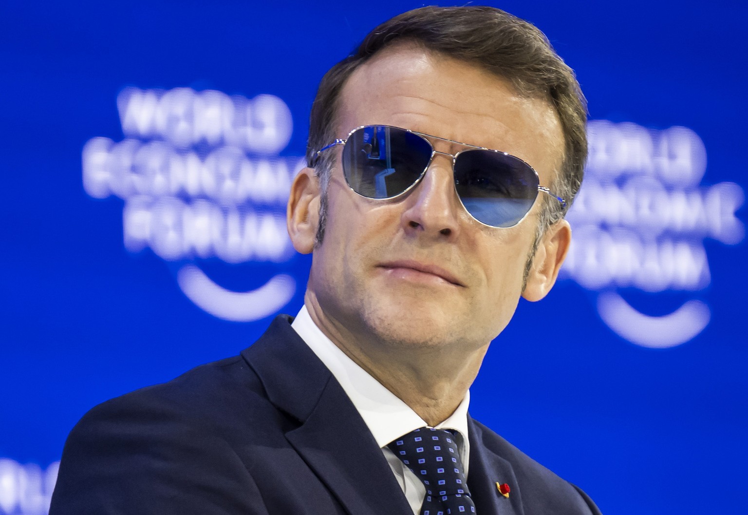 epaselect epa12664402 French President Emmanuel Macron attends a plenary session at the Congress Hall during the 56th annual meeting of the World Economic Forum (WEF) in Davos, Switzerland, 20 January ...