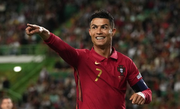 Portugal&#039;s Cristiano Ronaldo gestures during the UEFA Nations League soccer match between Portugal and Switzerland, at the Jose Alvalade Stadium in Lisbon, Portugal, Sunday, June 5, 2022. (AP Pho ...