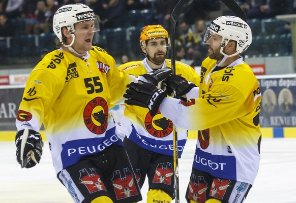 Bern&#039;s defender Calle Andersson, of Sweden, left, celebrities his goal with teammates center Mark Arcobello, of USA, center Andrew Ebbett #25, of Canada, and forward Thomas Ruefenacht, right, aft ...